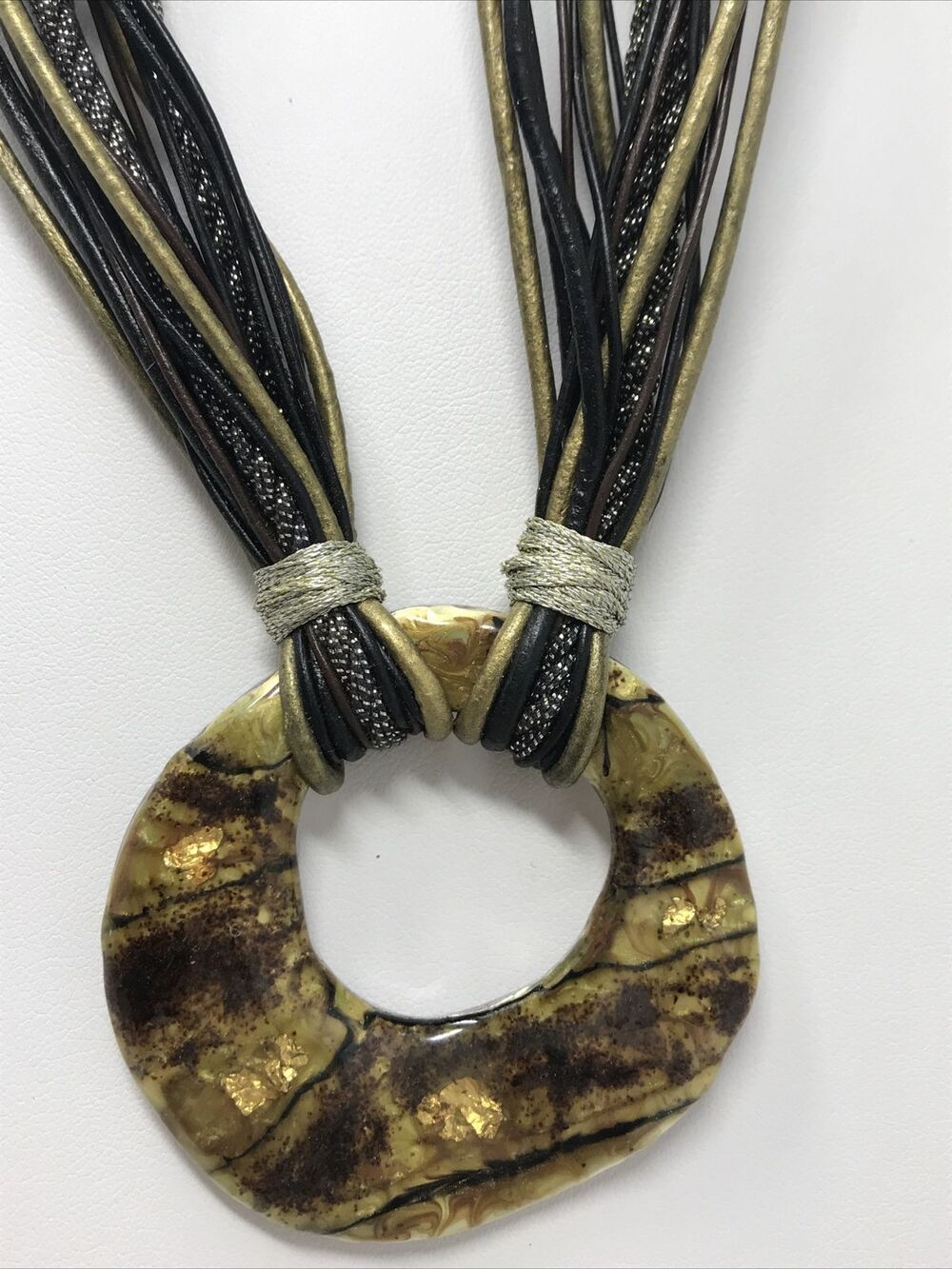 CHICO'S Necklace Pendant Brown Gold Tone Circle Disc Multi Strand Cord BOHO